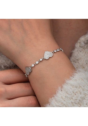 Artsmagazinmücevher Gümüş Zirkon Taşlı Sıralı Kalp Kadın Bileklik