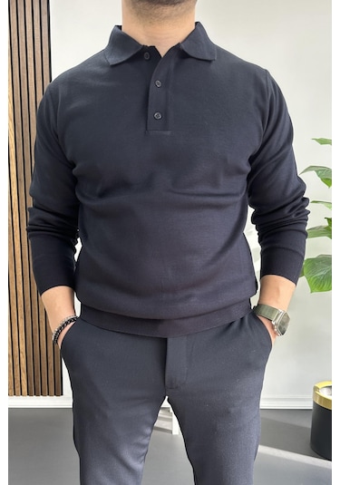 Erkek Düğmeli Polo Yaka Kazak Lacivert Edw231 Lacivert