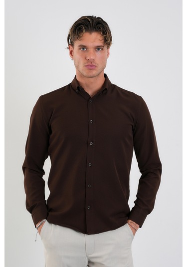 Redline Flex Slim Fit Yumuşak Kolay Ütü Nefes Alan Erkek Gömlek Kahve