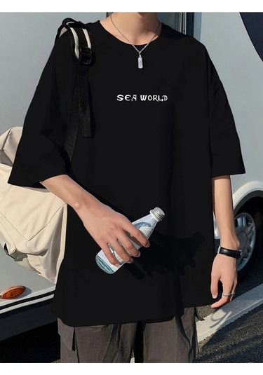 Kadın Siyah Oversize %100 Pamuk Sea World Baskılı T-shirt Siyah