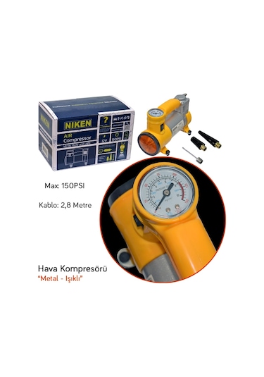 Niken Hava Kompresörü 150 Psi Metal Gövde ve Işıklı Sarı