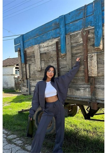 Neşeli Butik Kadın Antrasit Fermuarlı Kışlık Eşofman Takımı Nbg026 Antrasit