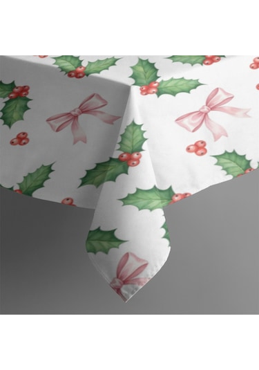 Noel Desenli Dikdörtgen Masa Örtüsü 60x84 İnç, Su Geçirmez Ve Leke Tutmaz Noel Kızılcık Pembe