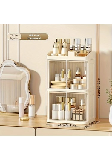 Willowhaven Cream Transparent 3 Katlı Büyük Kapasiteli Katlanır Makyaj Organizatörü Krem + Şeffaf