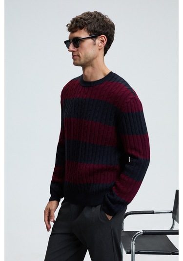 BRAID Erkek Yuvarlak Yaka Saç Örgü Desenli Regular Fit Bordo - Lacivert Kazak