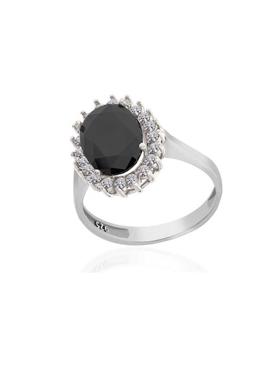 Gümüş Siyah Taşlı Oval Kadın Yüzük