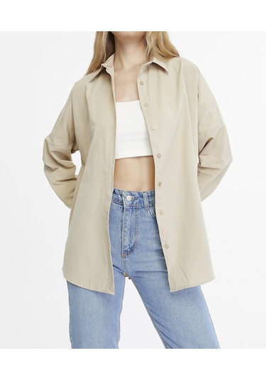 Kadın Oversize Uzun Basic Gömlek - Koyu Krem