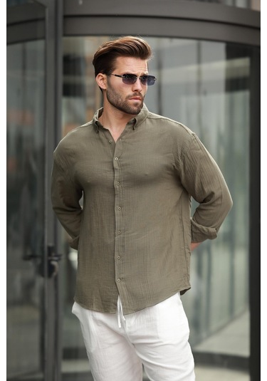 Madmext Haki Basic %100 Pamuklu Uzun Kollu Erkek Gömlek E6761 Haki