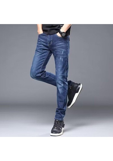 Kot Erkek Yaz Streç Tüm Eşleşen Dar Kesim Pantolon İş Rahat Tüm Maç Uzun Pantolon Dar Kesim Düz Bacak Pantolon Erkek Mavi