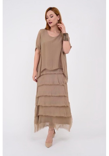 İtalyan 2 Beden İnce Gösteren Yarım Kol Kat Kat Ipek Elbise Camel