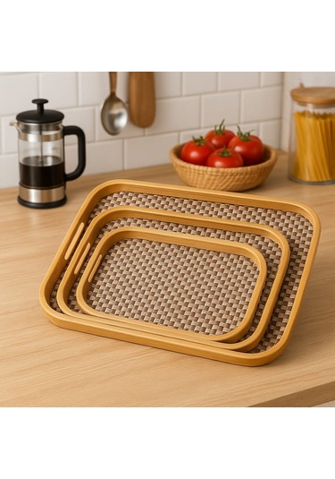 Dekorasyaa 3'lü Dikdörtgen Bambu Tepsi Bambu