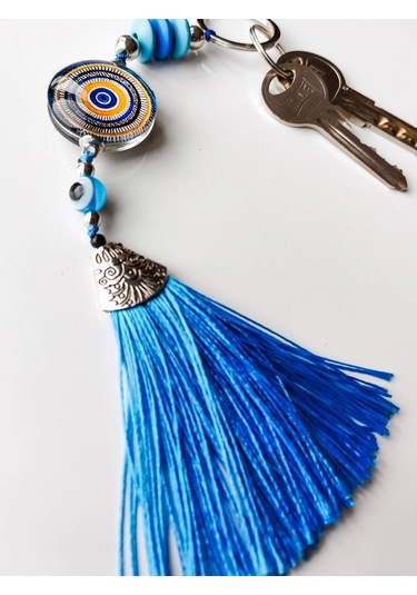Desenli Cam Boncuklu Mavi Püsküllü Anahtarlık