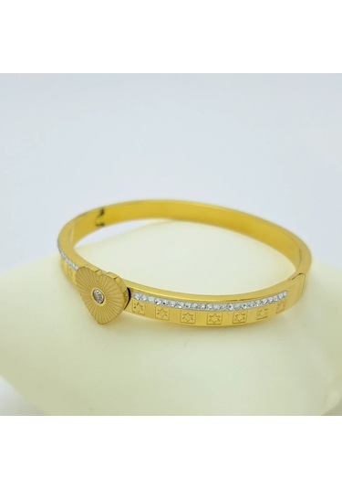 Yıldız Motifli Taşlı Kalp Çelik Kelepçe Gold