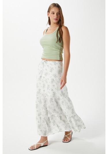 Kadın Rebekka Çiçekli Haki Astarlı Uzun Etek 17639 Beyazhaki Çok Renkli