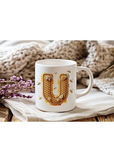U Harfi Bal Arısı Tasarım Kupa Bardak - Bal Ve Petek Desenli Kişiye Özel Kahve Kupası - Hediyelik Beyaz