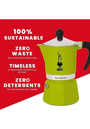 - Rainbow: 3 Cups Ocak Üstü Espresso Pişirici - 130ml - Yeşil Renk - Alüminyum Gövde - Patentli Güvenlik Valfi - Tüm Ocak Türleri İçin Uygundur İndüksiyon Hariç