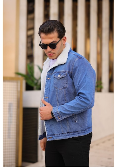 Erkek Kürklü Kot Ceket İçi Kürklü Kot Ceket Buz Mavi