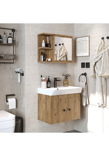 Lavabolu Mat Suntalam 60 Cm Banyo Dolabı + Aynalı Üst Dolabı Atlantik Çam