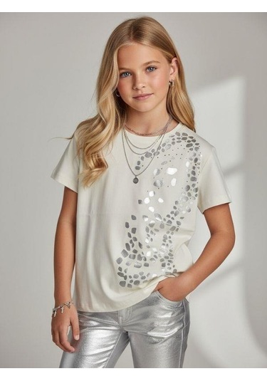 Zekids Kız Çocuk Taş Baskı Detaylı Basic T-shirt-16980 Ekru