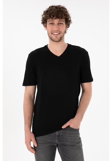 U.S. Polo Assn. Erkek Regular Fit  V Yaka Siyah Basic Tişört 50305858-VR046