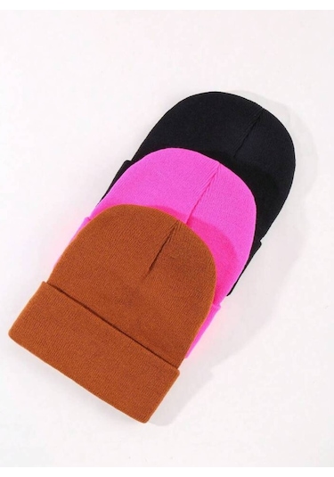 Eke Tekstil Unisex Katlamalı 3'lü Bere Seti Fuşya - Kiremit - Siyah