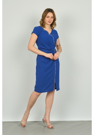 Vals Kadın Drapeli Ay Kollu Krep Kumaş Araboy Abiye Elbise 22-146 Saks