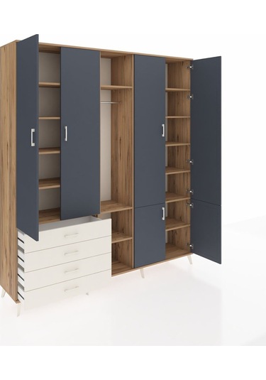 Hyperion Dolap 14 Raflı 4 Çekmeceli Tek Askılı 220x44x243 Çam-antrasit/aytaşı Antrasıt/aytası