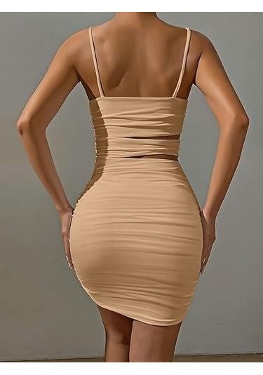 Bej Tasarım Bel Dekolteli Askılı Mini Elbise Bej