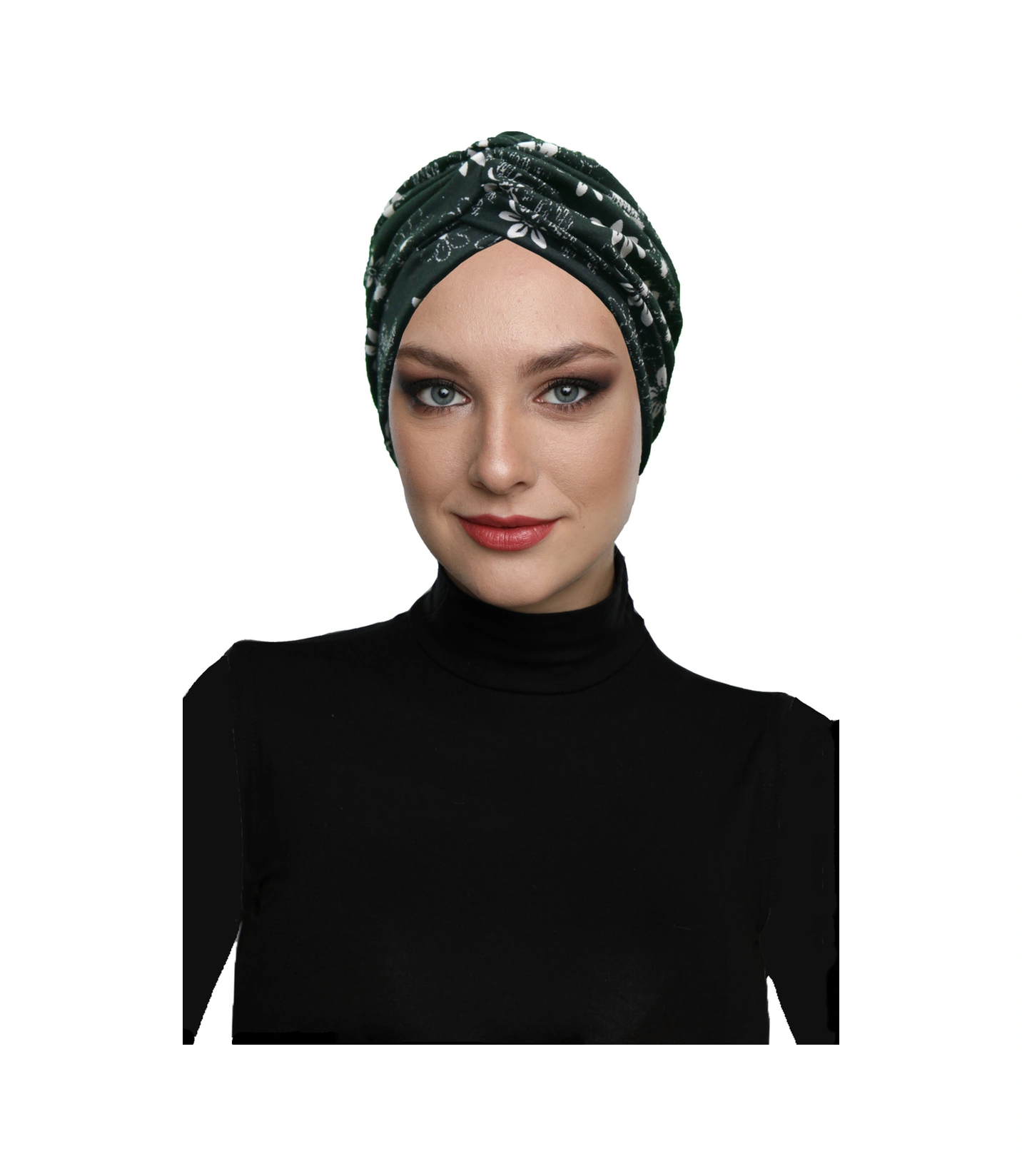 Midnight Blossom Desenli Çapraz Ve Bant Detaylı Astarlı Hazır Türban Tesettür Havuz Bonesi Siyah-ekru