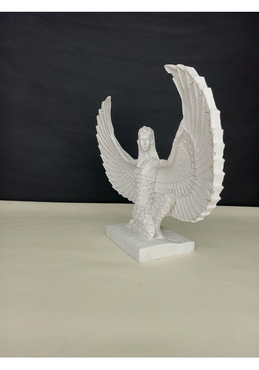 Antik İsis Heykel Obje, Beyaz Oturan Kanatlı İsis Obje, Ev Dekoru