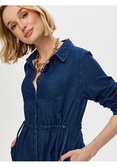Yıkamalı Müslin Gömlek Elbise S25elb035 Us25elb03527 Indigo