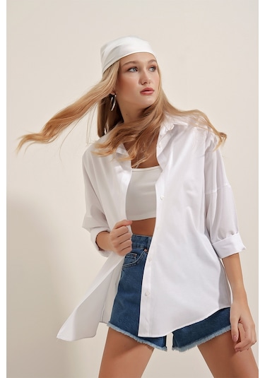 Bigdart 3900 Oversize Uzun Basic Kadın Gömlek Beyaz