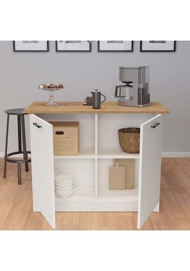 Umg Mobilya 120lik Benzila Ada Mutfak Siyah Kulplu, Mutfak Adası, Kahve Köşesi, Çok Amaçlı Dolap Beyaz - Meşe