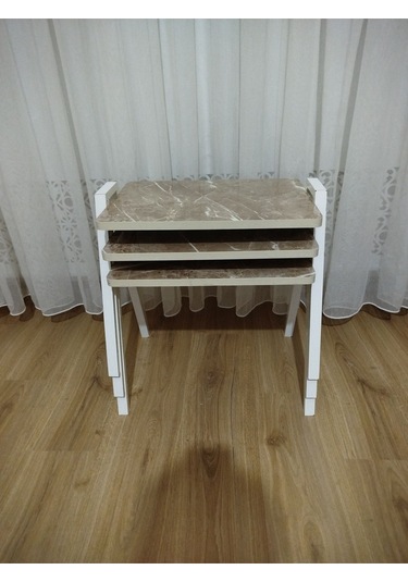 Zigon Sehpa 3'lü Mermer Desenli Tepsi Model Açık Mermer Desen Beyaz Ayak Mermer Desenli