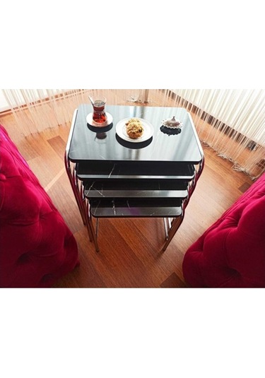 Zigon Sehpa Nikelaj Kaplama Metal Ayaklı Siyah Mermer Desen (540935862)