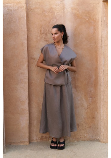 Fiametta Salaş Füme Keten Yelek Etek Takım Füme