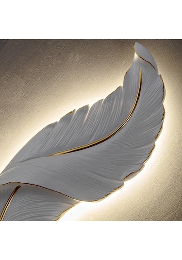 CajuArt Büyük Boy Dekoratif Tüy Şekilli Pilli Işıklı Duvar Dekoru Modern Aplik