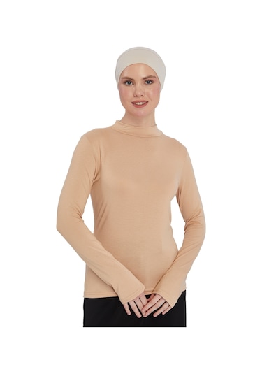 Altobeh Kadın Organik Uzun Kollu Balıkçı Yakalı Body Koyu Bej