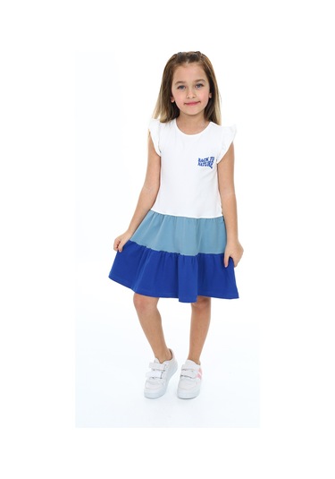 Toontoy Kız Çocuk Fırfırlı Garni Detaylı Elbise Mavi