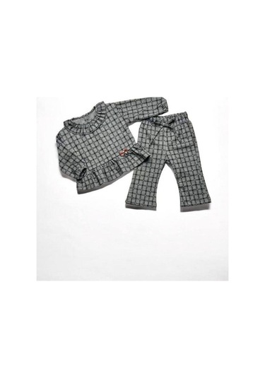 Kız Bebek Kareli Bebek Yaka Örme Pantolonlu Takım-14882 Gri