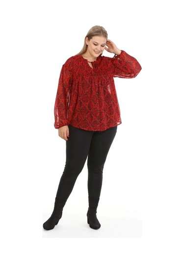Gipe Detaylı Şifon Bluz-1490 Kırmızı
