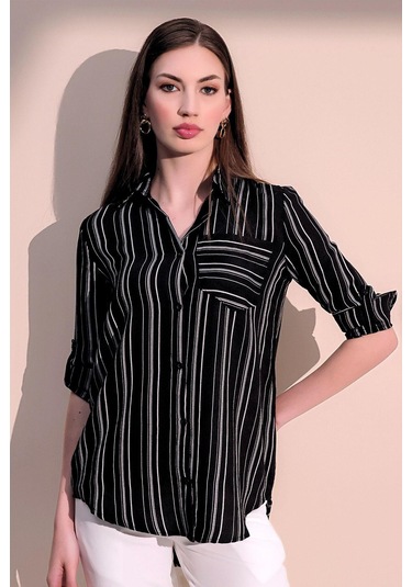 Kadın Siyah Uzun Kol Özel Kumaş Tek Cep Gömlek Dik Çizgili Arkası Uzun Basic Kesim Gömlek Siyah