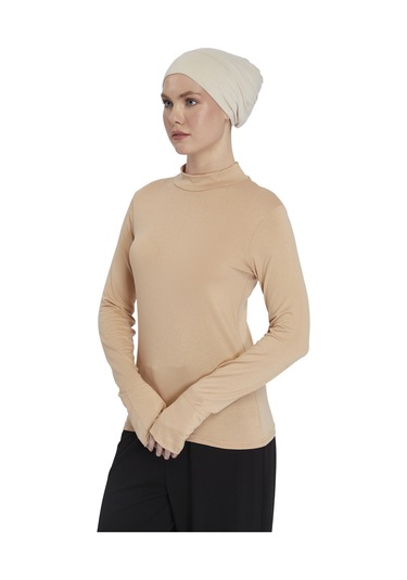 Kadın Organik Parmak Geçmeli Balıkçı Yakalı Body Koyu Bej