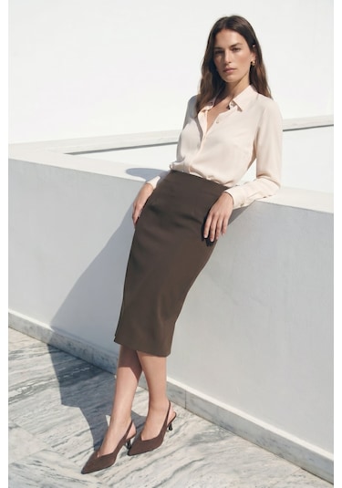 Sateen Düz Kalem Etek - Antrasit-137386