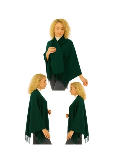 1 Adet Kadın Büyük Bedene Uygun Ekstra Yumuşak Dokulu Püskül Detaylı Kışlık Atkı Omuz Şalı Koyu Yeşil