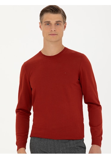 Cacharel Koyu Kiremit Slim Fit Bisiklet Yaka Triko Kazak Kırmızı