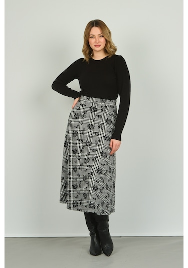 Sistas Kadın Desenli Midi Boy Rahat Form Etek 23917 Siyah