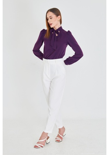 Büzgü Kol Fularlı Gömlek Mor Mor