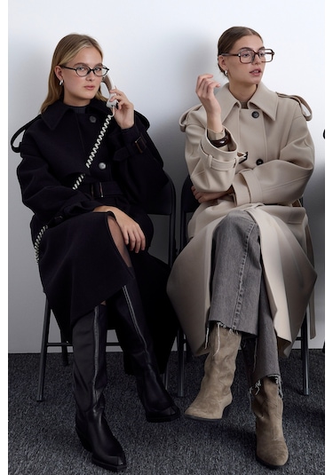 Apolet Detaylı Kaşe Kaban Siyah