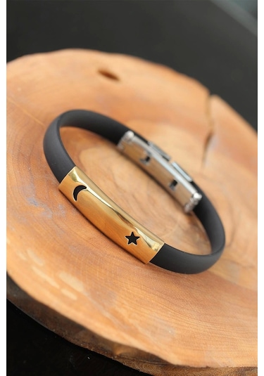 Gold Renk Metal Ay Yıldız Tasarım Siyah Renk Silikon Erkek Bileklik Çok Renkli